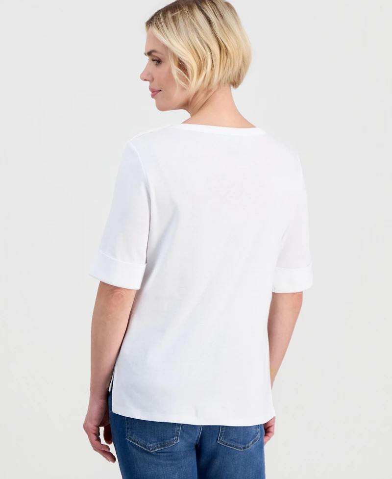 Style & Co Petite Cotton Asymmetric-Button Boat-Neck Top, Macy's Exclusive