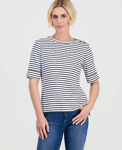 Style & Co Petite Cotton Striped Asymmetric-Button Top, Macy's Exclusive