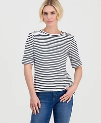 Style & Co Petite Cotton Striped Asymmetric-Button Top, Macy's Exclusive