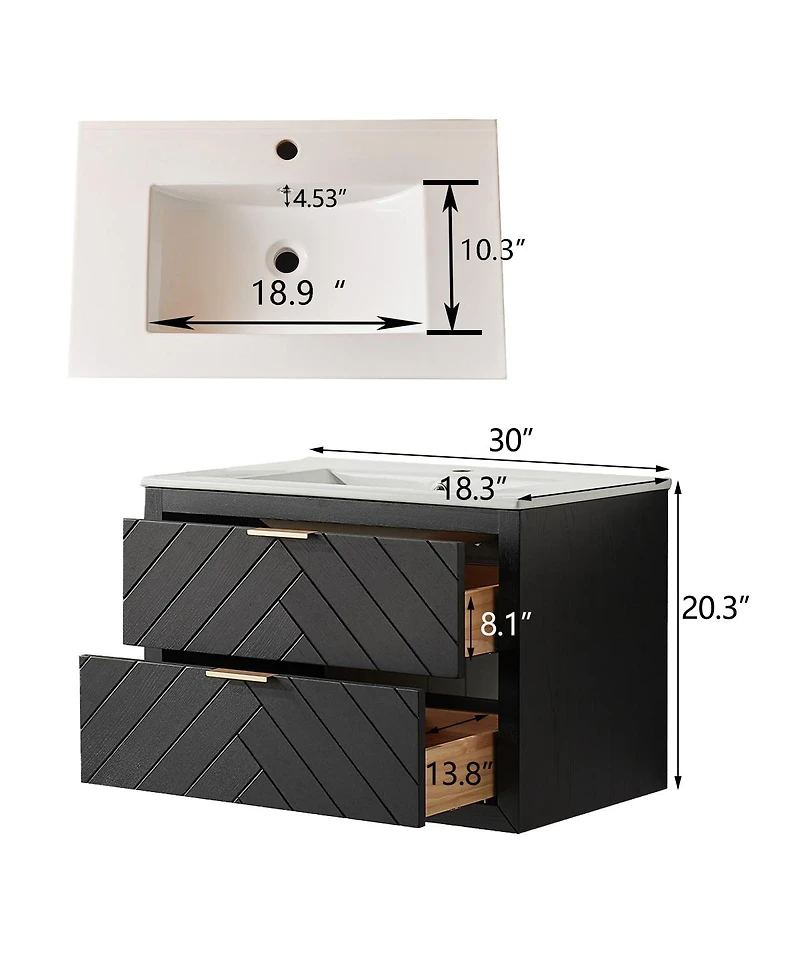 Sillysis Wall Mounted Floating Vanity with Ceramic Sink, Fully Assembled Plywood Cabinet, 2 Drawers for Small Spaces
