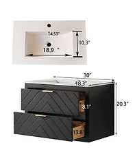 Sillysis Wall Mounted Floating Vanity with Ceramic Sink, Fully Assembled Plywood Cabinet, 2 Drawers for Small Spaces