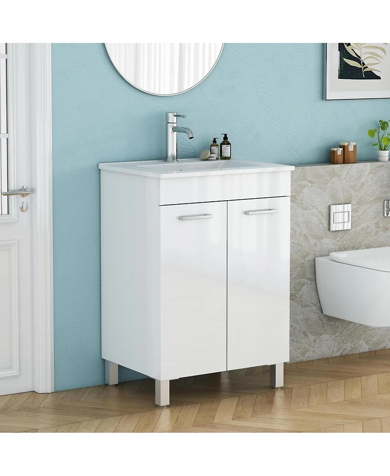 Sillysis Glossy White Freestanding Bathroom Vanity with Ceramic Sink, Soft Close Doors