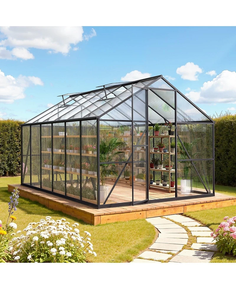 Sugift 8 x 12 Ft Polycarbonate Greenhouse With Adjustable Vent Walk-in Sunroom for Garden Use