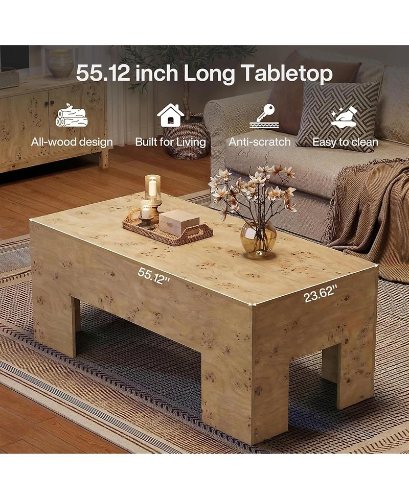 Tribesigns Wood Coffee Table, 47.24" Modern Center Table with Burl Wood Veneer, Low Rectangle Tea Table
