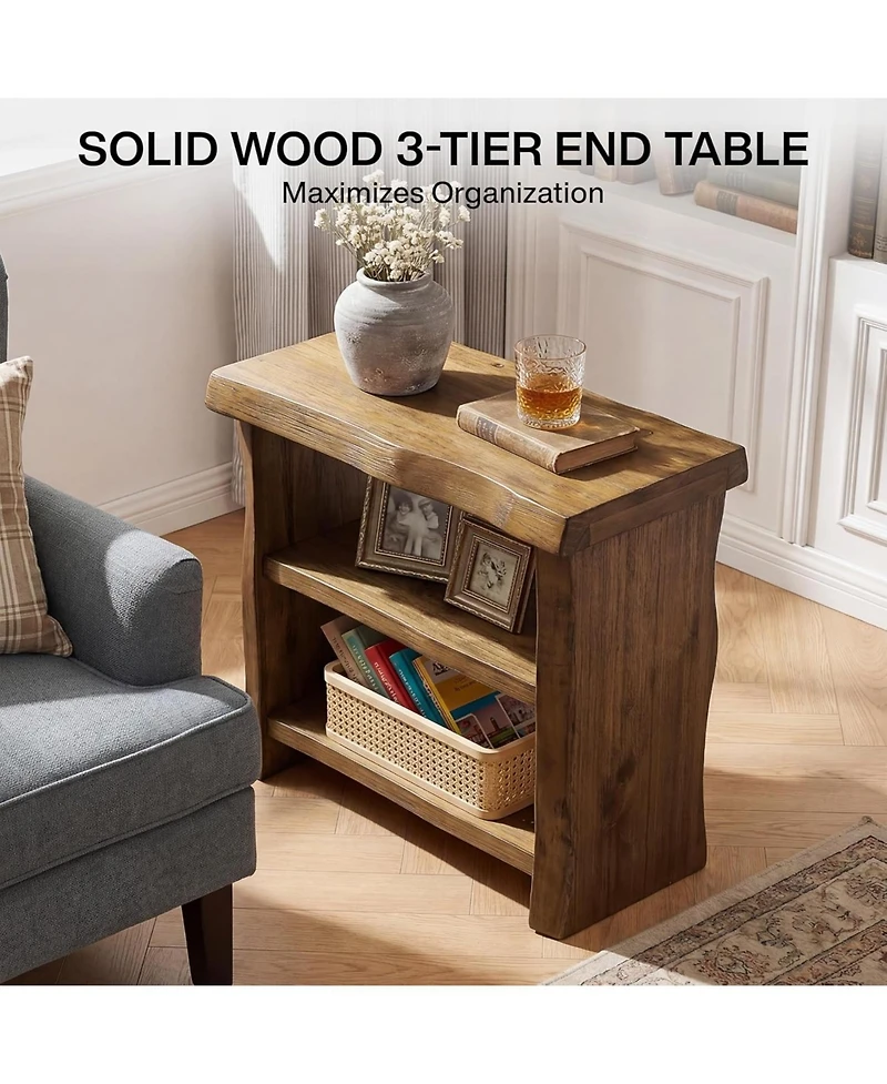 Tribesigns 3-Tier Solid Wood End Table Set of 2, Narrow Side Table with Live-Edge, Farmhouse Bedside Table