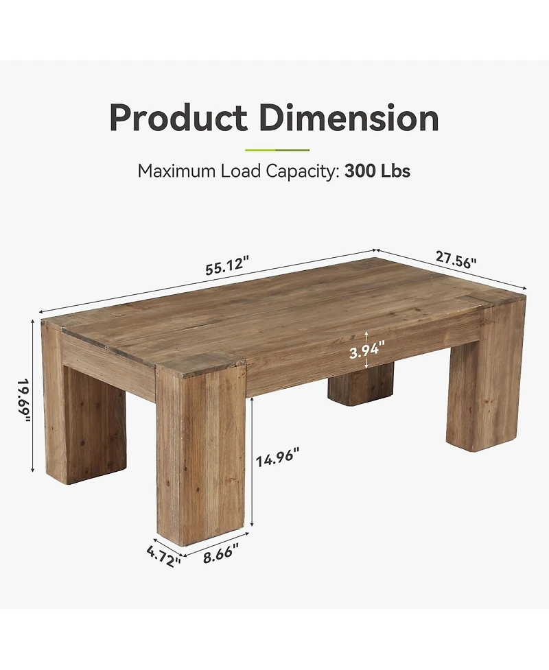 Tribesigns 55.12'' Solid Wood Coffee Table, Modern Farmhouse Wooden Center Table, Rectangle Coffee Table
