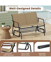 Sugift 2-Person Patio Glider Bench with Curved Teak Armrests and Fabric Seat