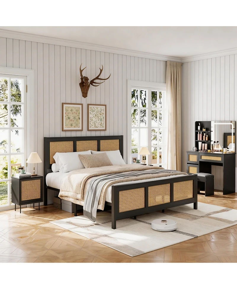 homfan Rattan Bed Frame with Sturdy Metal Slats, Noise-Free, No Box Spring