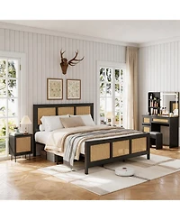 homfan Rattan Bed Frame with Sturdy Metal Slats, Noise-Free, No Box Spring