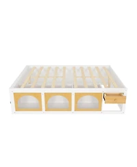 Rainsken Queen Size Platform Bed, Wooden Bed Frame with Bookshelf, Drawer and Led Lit Display Cabinet, Space-Saving Storage Bed for Kids Teens