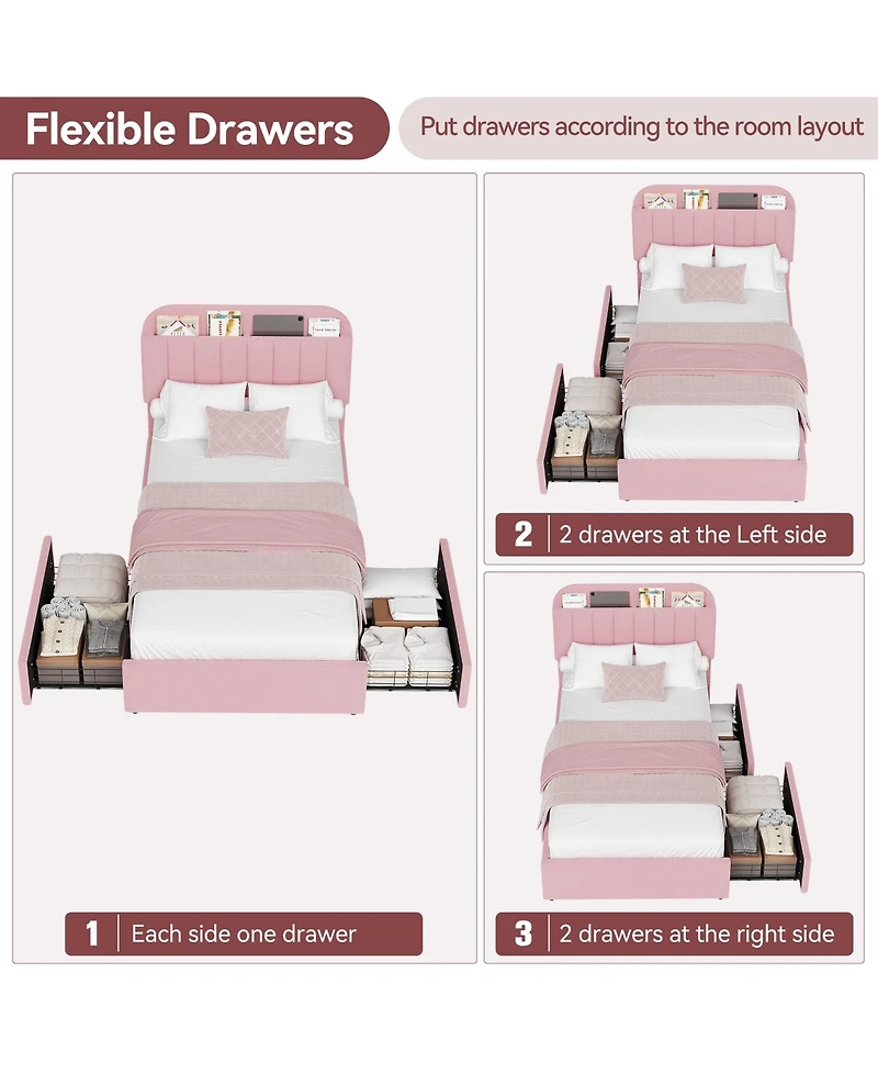 homfan Twin Bed Frame with 2 Drawers, Boucle Upholstered Bookcase Headboard, Kids Bed, Easy Assembly, No Box Spring