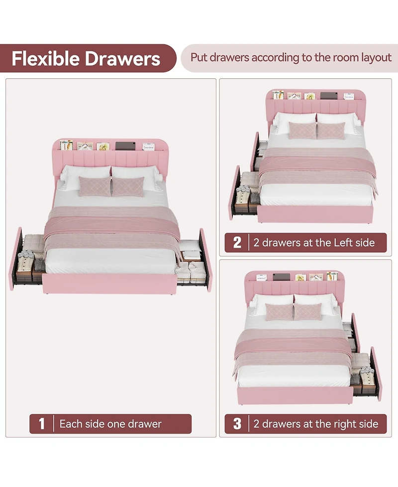 homfan Twin Bed Frame with 2 Drawers, Boucle Upholstered Bed with Bookcase Headboard, Kids Bed, Easy Assembly, No Box Spring, Noise Free
