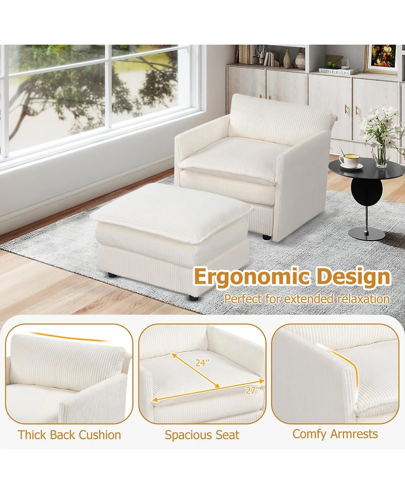 Slickblue Large Accent Chair with Ottoman, Soft Corduroy Upholstery and Deep Cushion Comfort