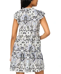 Msk Petite Flutter-Sleeve Tie-Neck Printed Dress