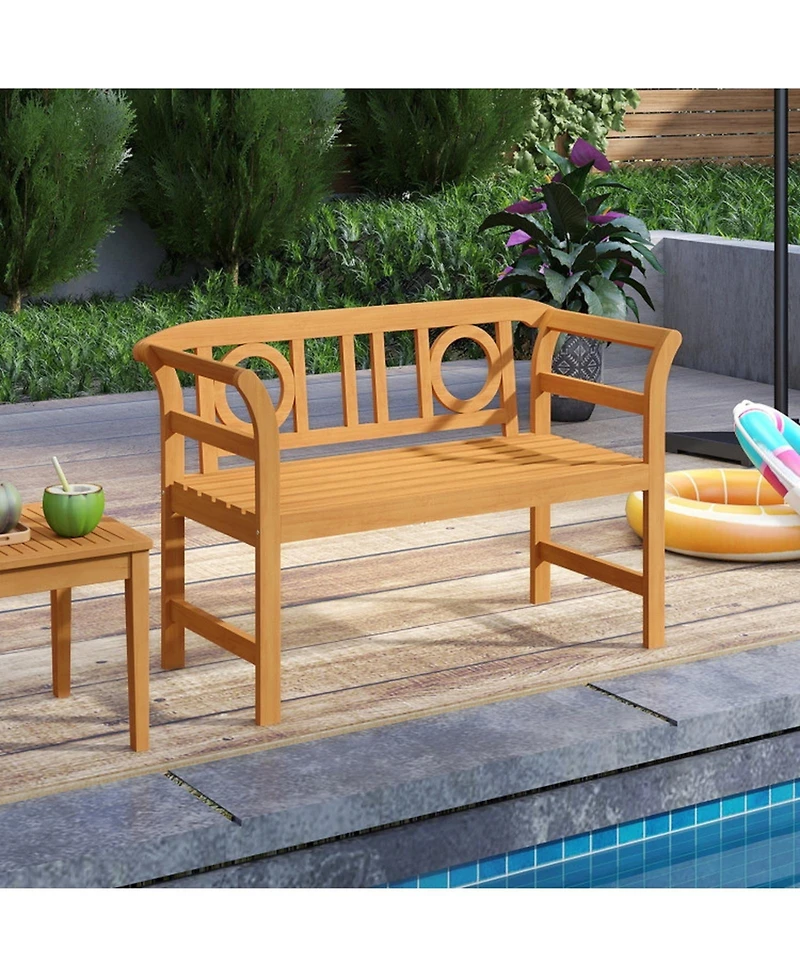 Gouun Acacia Wood Patio Loveseat for 2 with Geometric Backrest and Armrests, 47 x 20 x 31 in