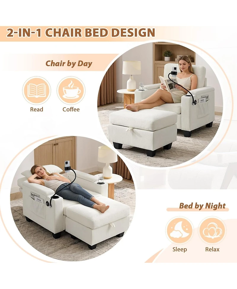 Rainsken Convertible Sleeper Chair and Storage Ottoman Bundle, Modern Chaise Lounge with Usb Port and Phone Stand for Bedroom and Living Room