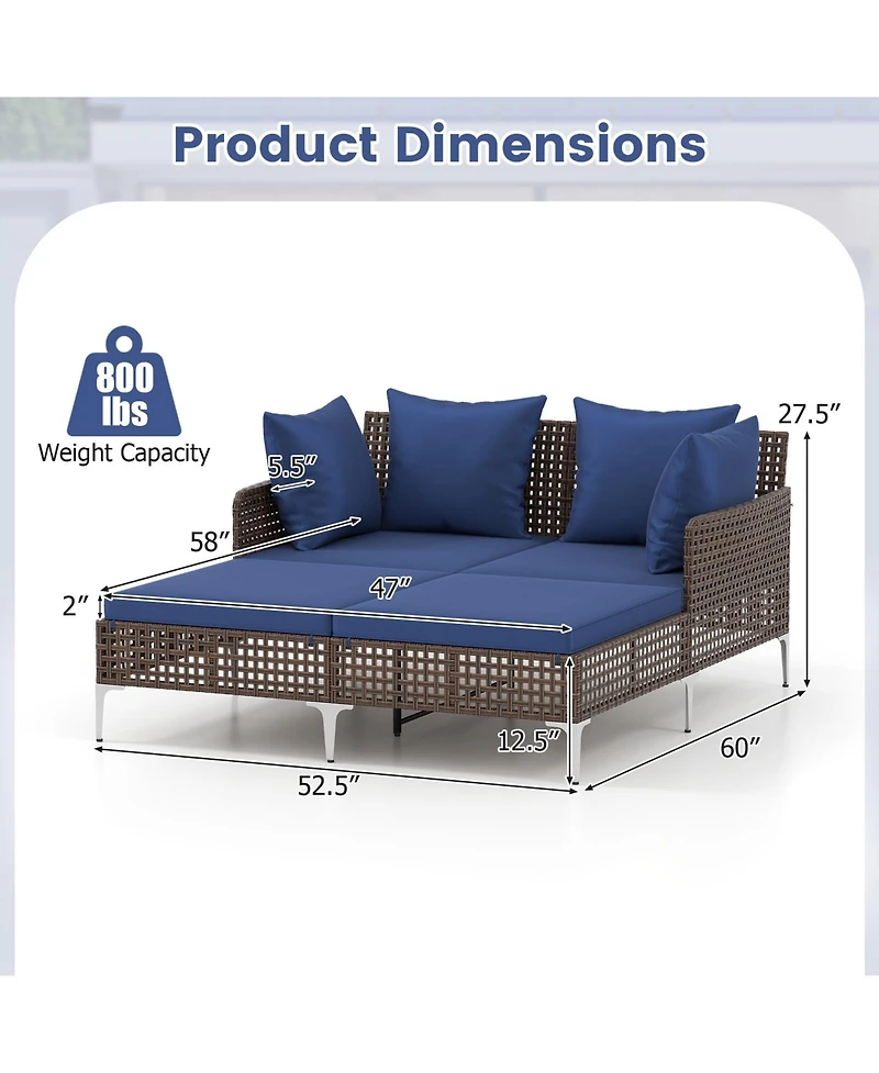 Gymax Outdoor Rattan Double Daybed Wicker Chaise Lounge for 2 w/ Seat & Back Cushions
