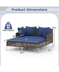 Gymax Outdoor Rattan Double Daybed Wicker Chaise Lounge for 2 w/ Seat & Back Cushions