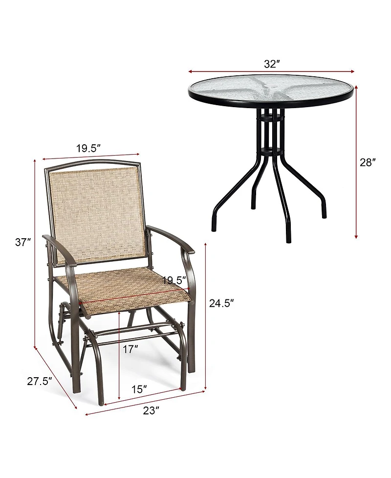 Costway 3PCS Patio Bistro Furniture Set Rocking Glider Chair Glass Table