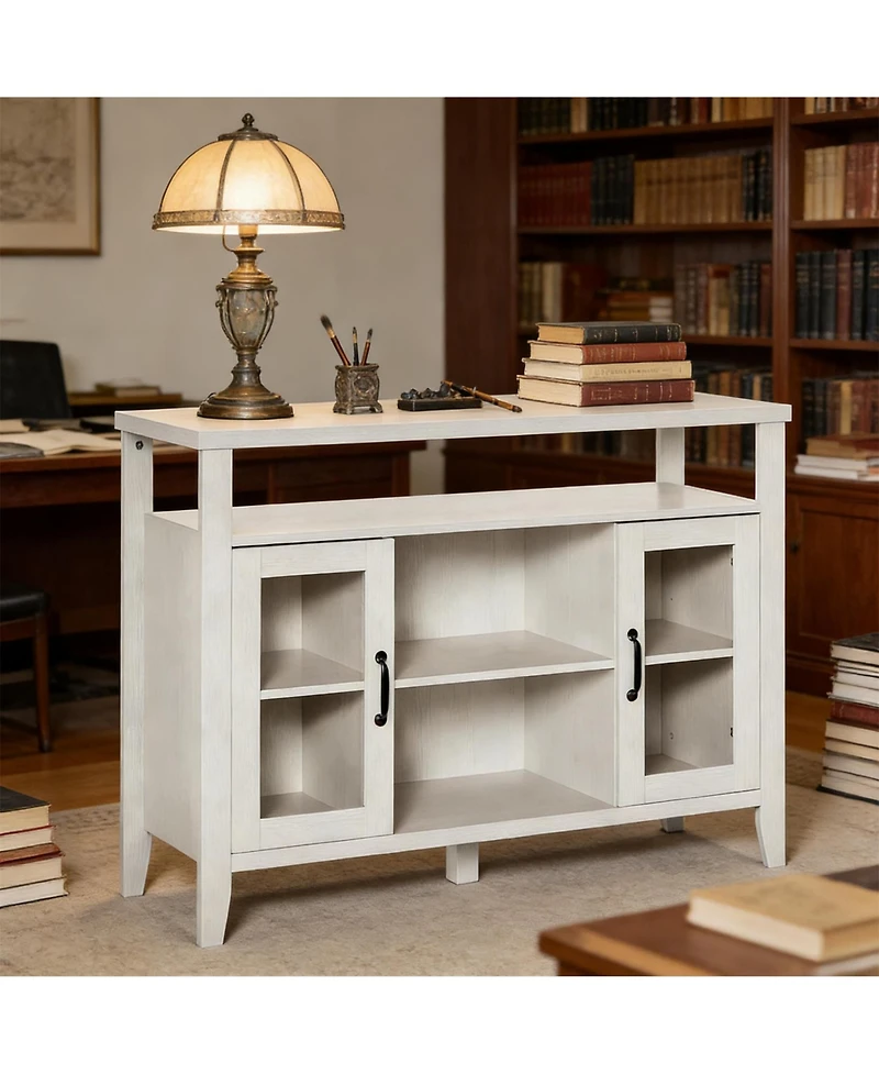 Clihome 45.75 Inch Retro Wood Storage Cabinet Buffet with Glass Doors for Dining Room Entryway