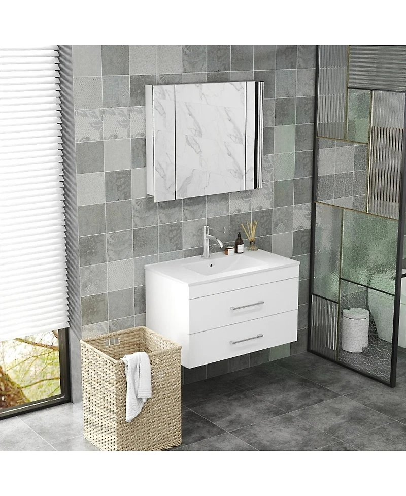 Sillysis Glossy White Wall Mounted Bathroom Vanity with Sink , Soft Close Drawers