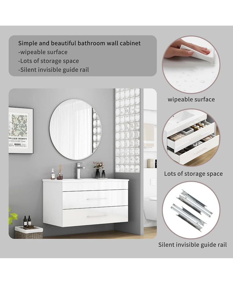 Sillysis Glossy White Wall Mounted Bathroom Vanity with Sink , Soft Close Drawers