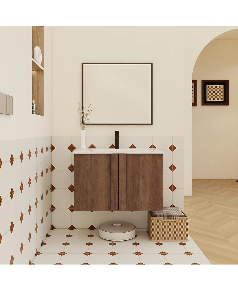 Sillysis Wall Mounted Bathroom Vanity with Ceramic Sink, Soft Close Double Doors
