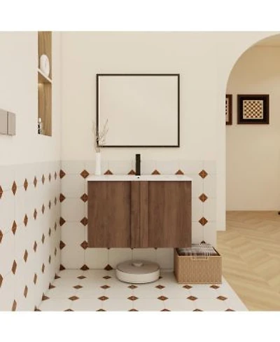 Sillysis Wall Mounted Bathroom Vanity With Ceramic Sink Soft Close Double Doors Modern Brown Ebony Floating Storage Cabinet