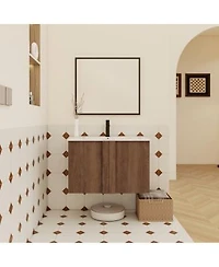 Sillysis Wall Mounted Bathroom Vanity With Ceramic Sink Soft Close Double Doors Modern Brown Ebony Floating Storage Cabinet