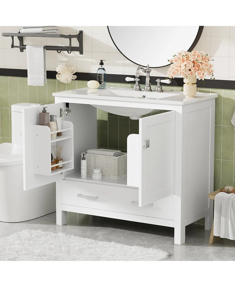 Sillysis 36 Inch Bathroom Vanity with Ceramic Sink, Solid Wood Frame, Soft Close Doors and Divided Drawer for Small Spaces