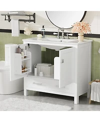 Sillysis 36 Inch Bathroom Vanity with Ceramic Sink, Solid Wood Frame, Soft Close Doors and Divided Drawer for Small Spaces
