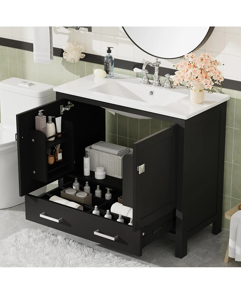 Sillysis 36 Inch Bathroom Vanity with Ceramic Sink, Solid Wood Frame, Soft Close Doors and Divided Drawer for Small Spaces
