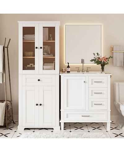 Sillysis 30 Inch Bathroom Vanity Set with Tall Storage Cabinet, Ceramic Sink, Soft Close Drawers for Modern