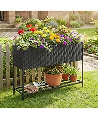 Gymax Elevated Planter Box Raised Garden Bed Rattan Surface Bottom Storage Shelf