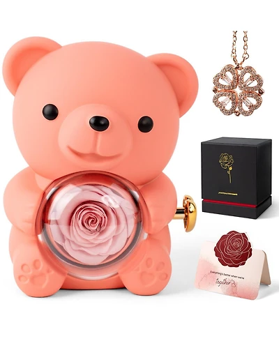 Gnuadz Teddy Bear Preserved Rose Necklace Box Couple Mother Gift