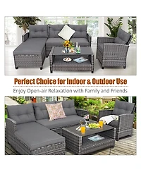 Costway 4PCS Patio Rattan Furniture Set Cushioned Loveseat Table Shelf