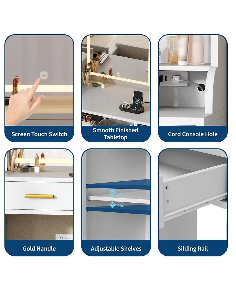 Homfan Modern Vanity Desk with Led Mirror, 3 Light Modes, Charging Station, 6 Drawers, Cabinet and Shelves, Gold Accents Makeup Table for Bedroom