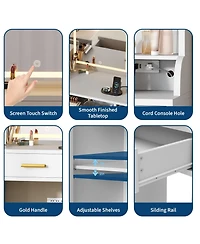 Homfan Modern Vanity Desk with Led Mirror, 3 Light Modes, Charging Station, 6 Drawers, Cabinet and Shelves, Gold Accents Makeup Table for Bedroom