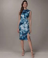Donna Karan New York Petite Printed Ribbed Knot Hardware Midi Dress