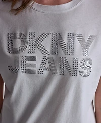 Dkny Jeans Women's Stacked Rhinestone Dome Stud Logo Crewneck T-Shirt