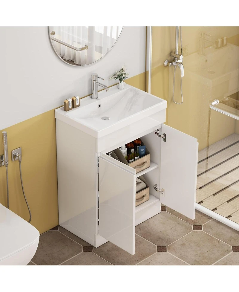 Sillysis 24 Inch Freestanding Bathroom Vanity with Ceramic Sink, Soft Close Doors, Modern Glossy White Srorage Cabinet