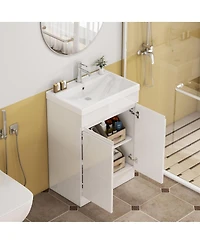 Sillysis 24 Inch Freestanding Bathroom Vanity with Ceramic Sink, Soft Close Doors, Modern Glossy White Srorage Cabinet
