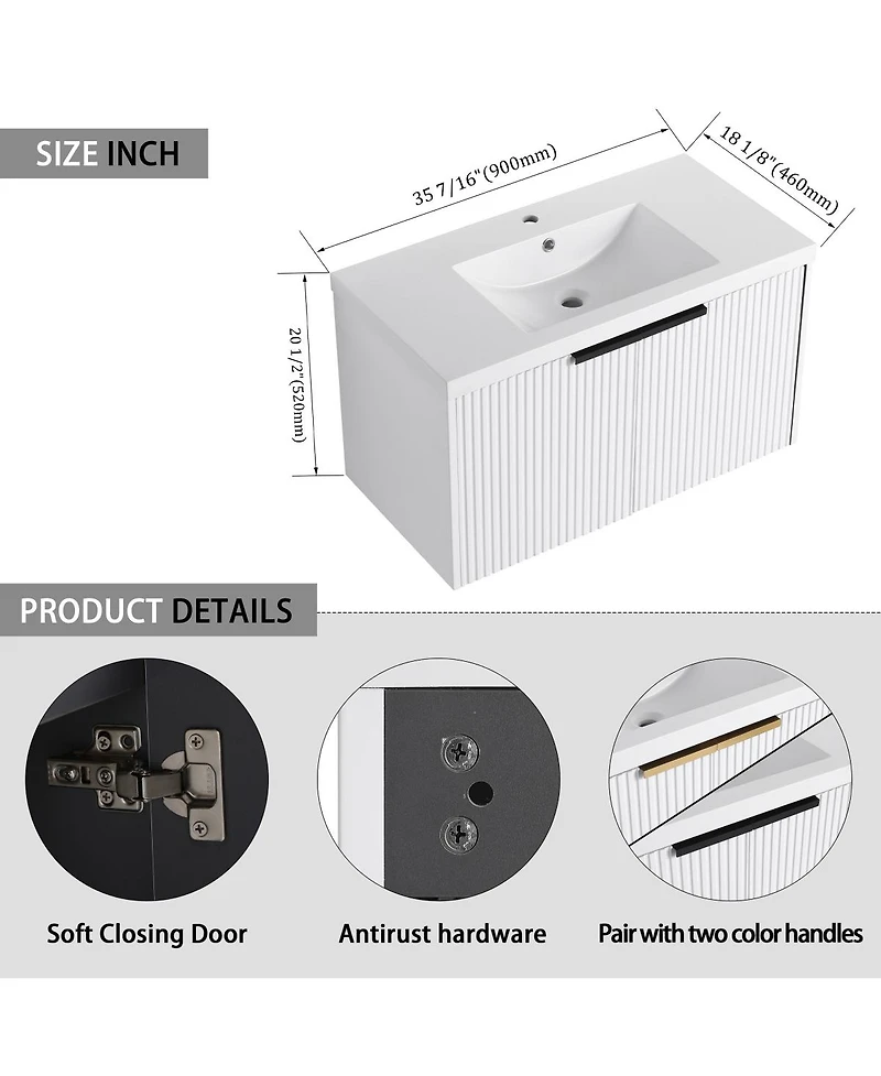Sillysis 35.4 Inch Floating Bathroom Vanity with Resin Sink, Soft Close Doors, Modern Textured Panels and Ample Storage