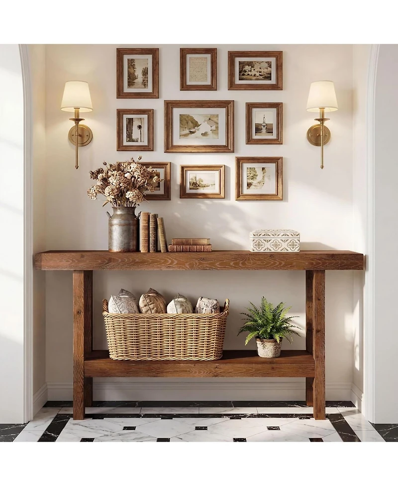 Tribesigns 63" Farmhouse Solid Wood Console Table, Narrow Entryway Table with 2-Tier Storage Shelf
