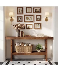 Tribesigns 63" Farmhouse Solid Wood Console Table, Narrow Entryway Table with 2-Tier Storage Shelf
