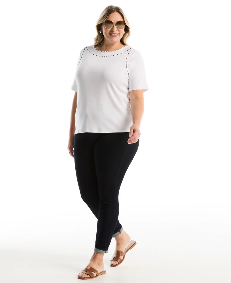 Rafaella Plus Pom Trim Detail Short-Sleeve Top