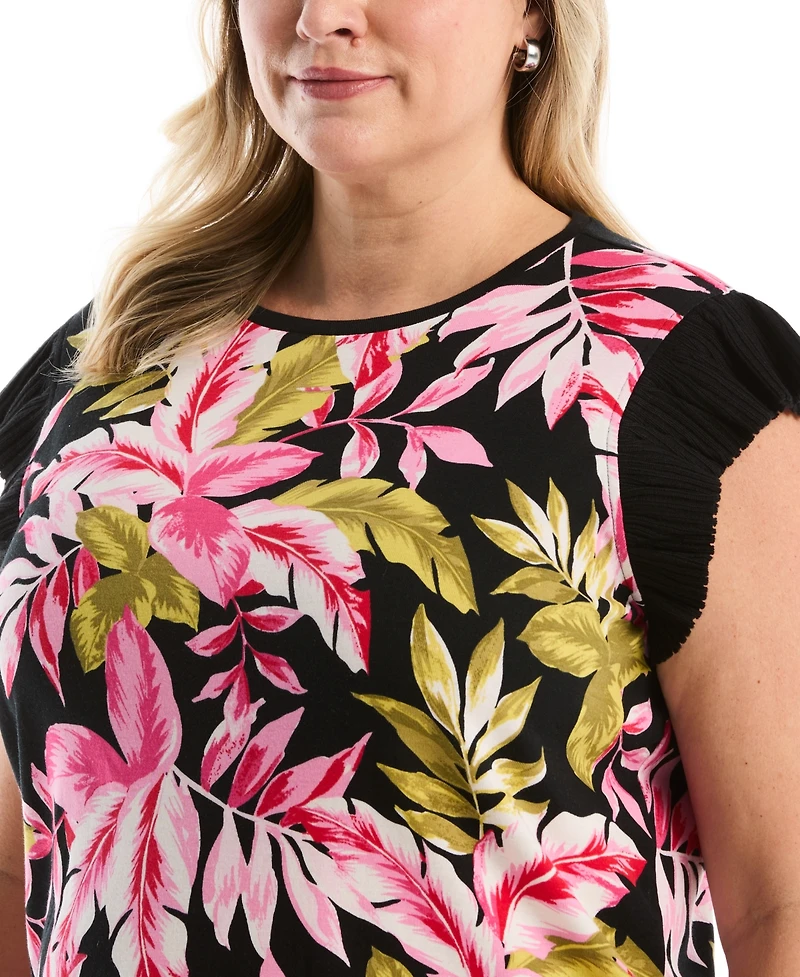 Rafaella Plus Tropical Print Ruffle Cap-Sleeve Top