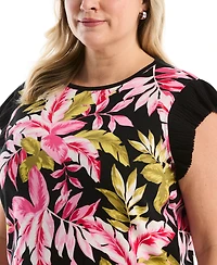 Rafaella Plus Tropical Print Ruffle Cap-Sleeve Top
