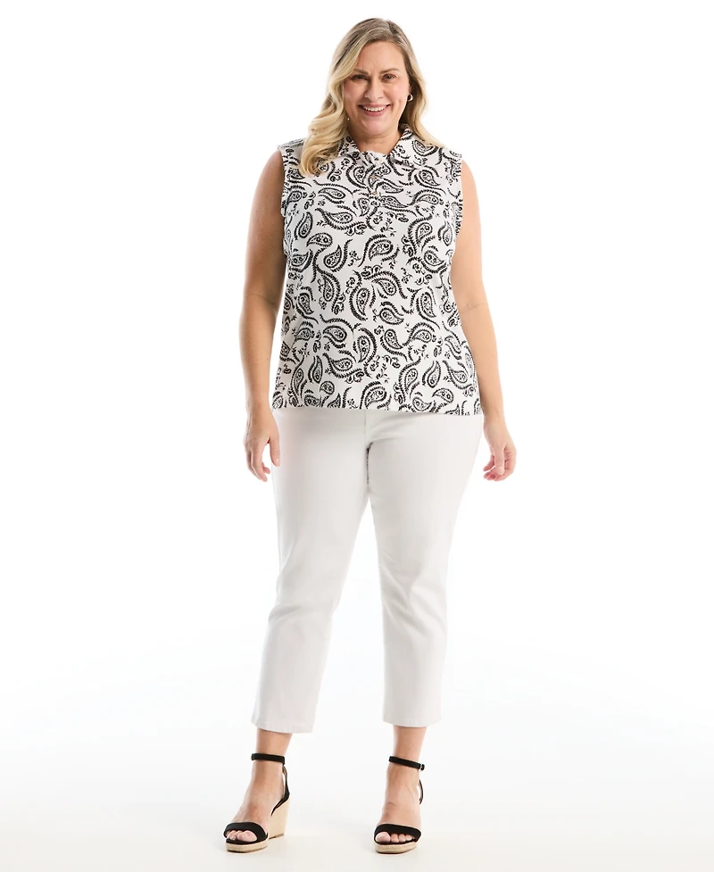 Rafaella Plus Paisley Print Ruffle Trim Sleeveless Polo Shirt