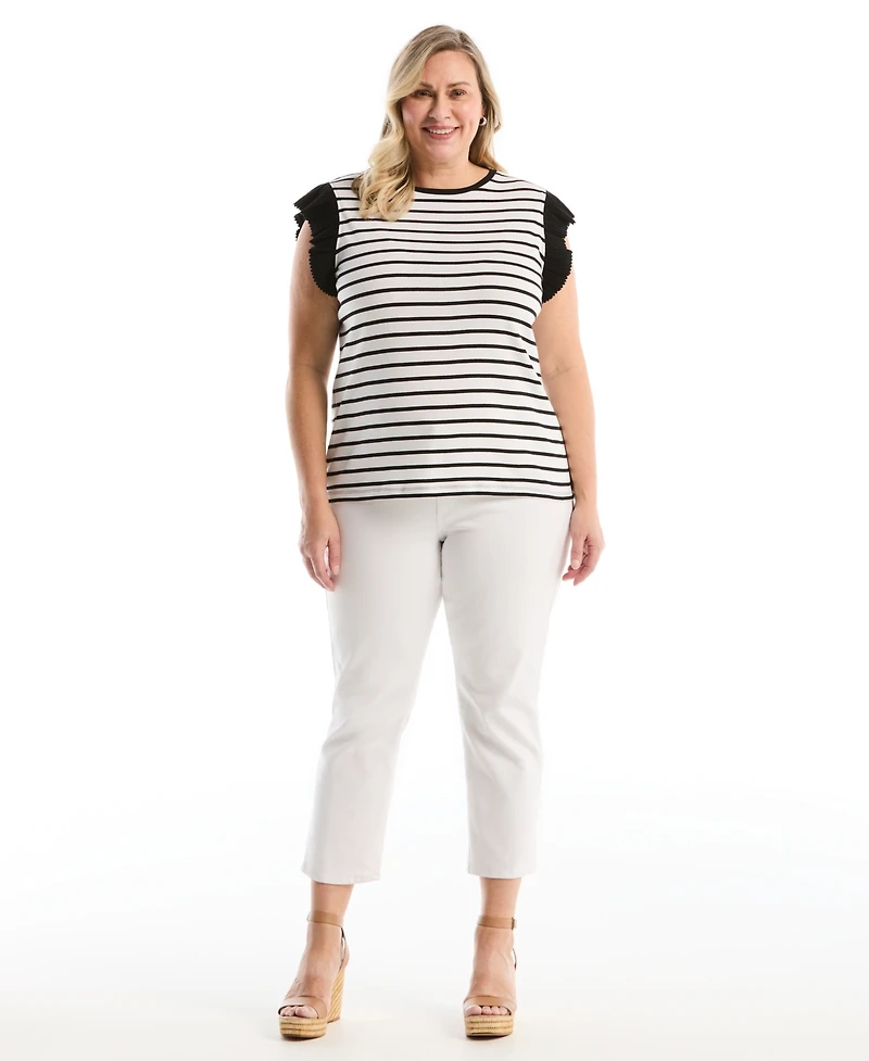 Rafaella Plus Striped Ruffle Cap-Sleeve Top